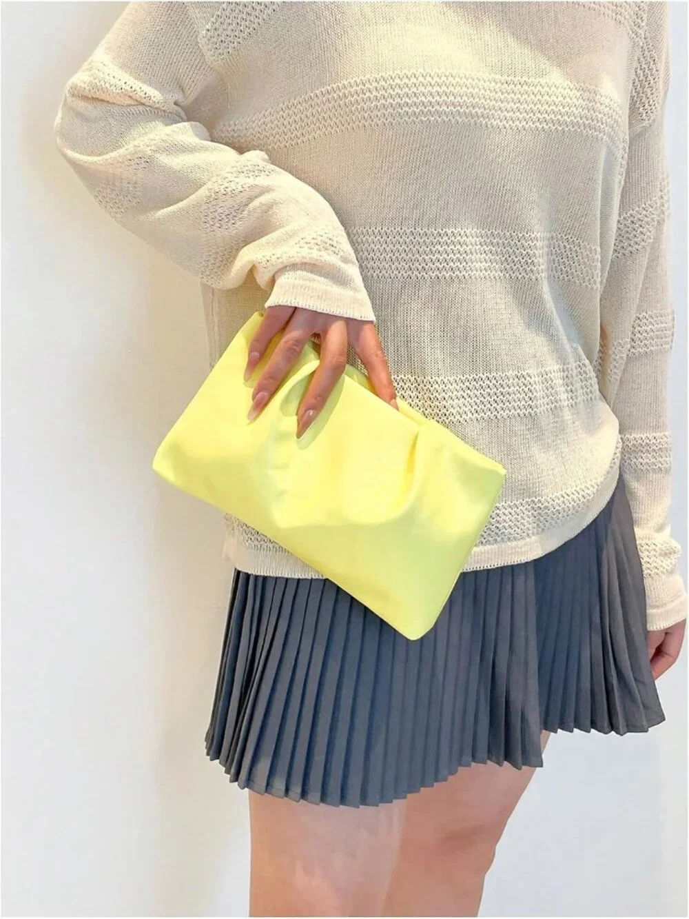 👜Women's Yellow PU Leather Clutch Purses Small Zipper Elegant Ruched Handbag